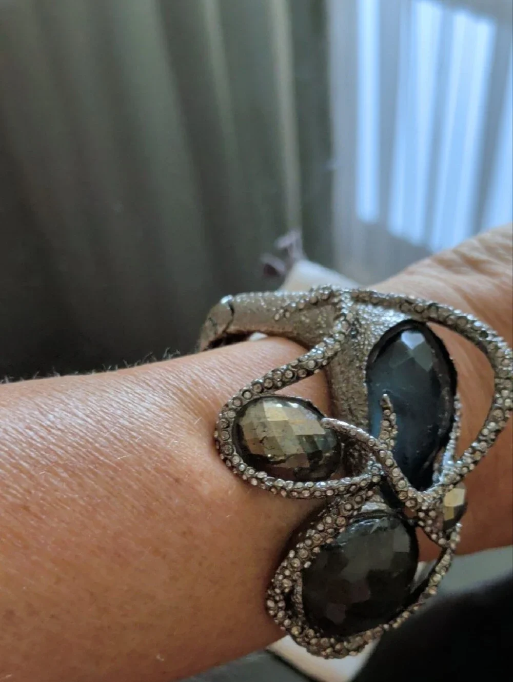tba Silver-Tone Cuff Bracelet with Smoky Black and Gray Faceted Stones